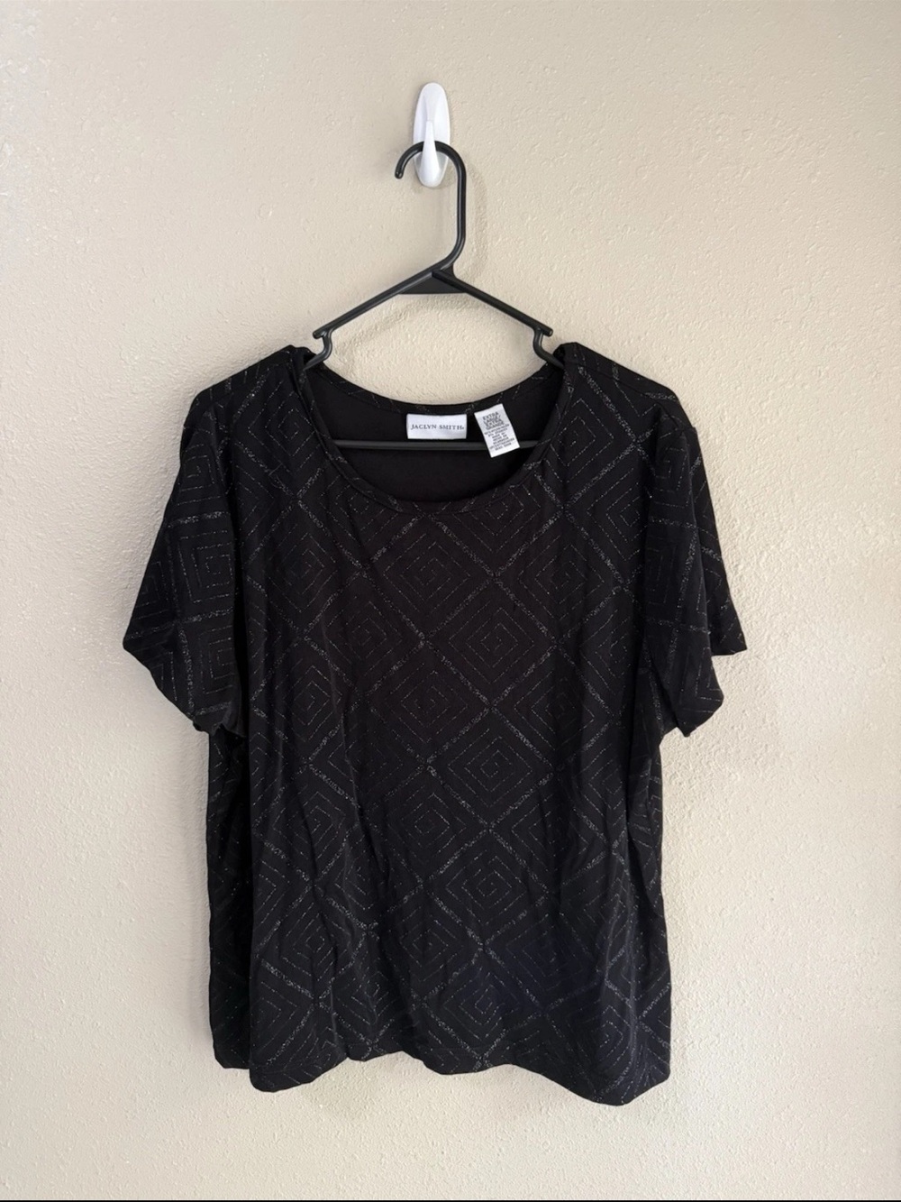 Jaclyn Smith Women’s Black Glitter Diamond Short Sleeve Blouse XL